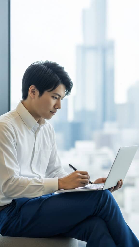 ノートパソコンで作業中の人物